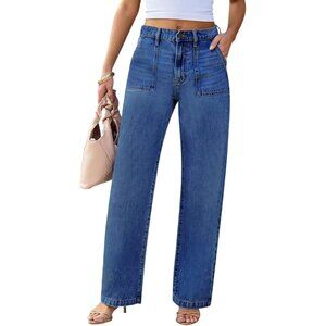 Womens Wide Leg High Waisted Jeans Cotton Polyester Spandex Casual Flap Pockets